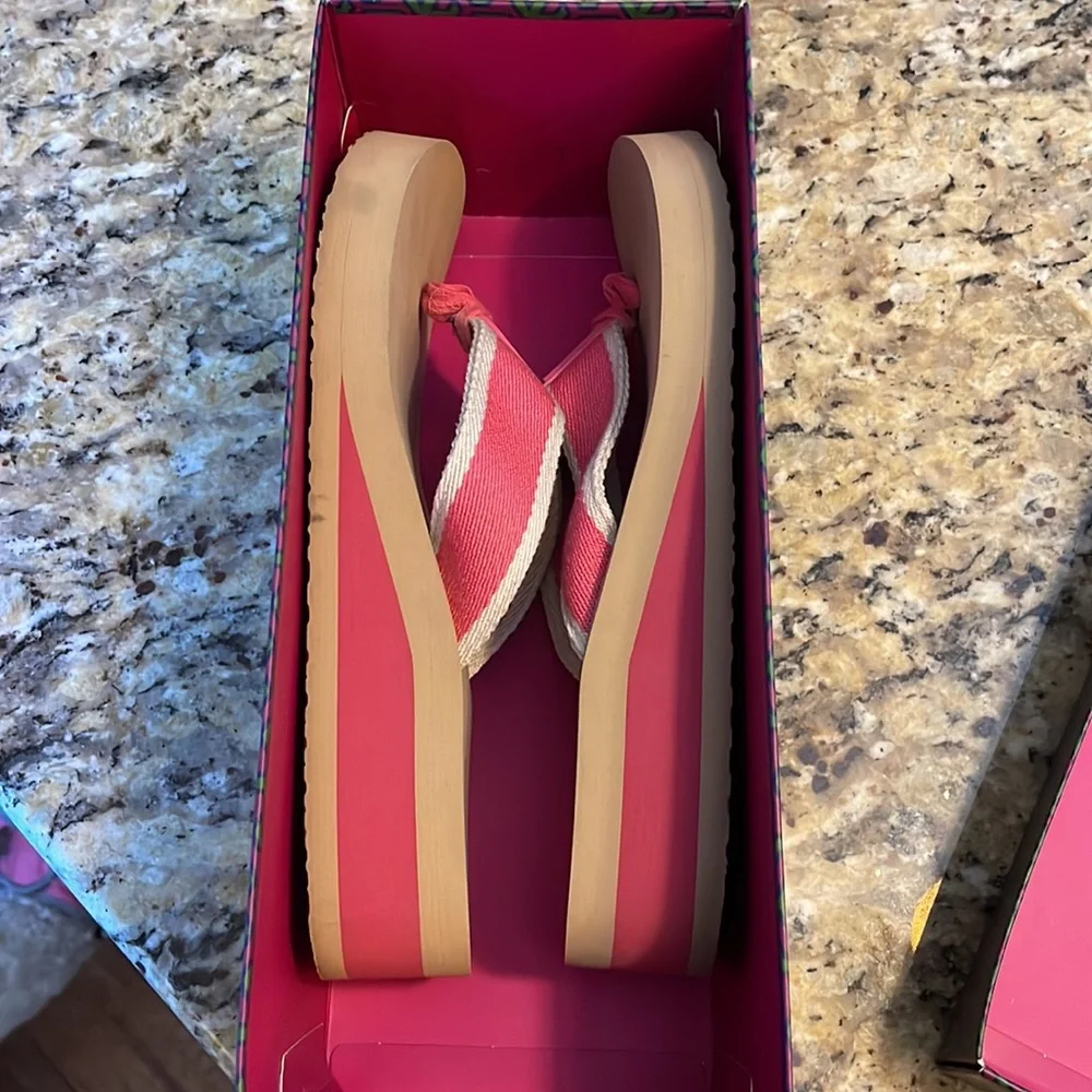 Tory Burch Pink and Tan Flip Flop Sandals
